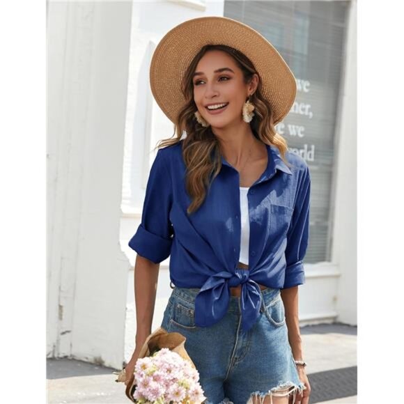 Womens Button Down Shirts Long Sleeve Navy Blue - Picture 6 of 6